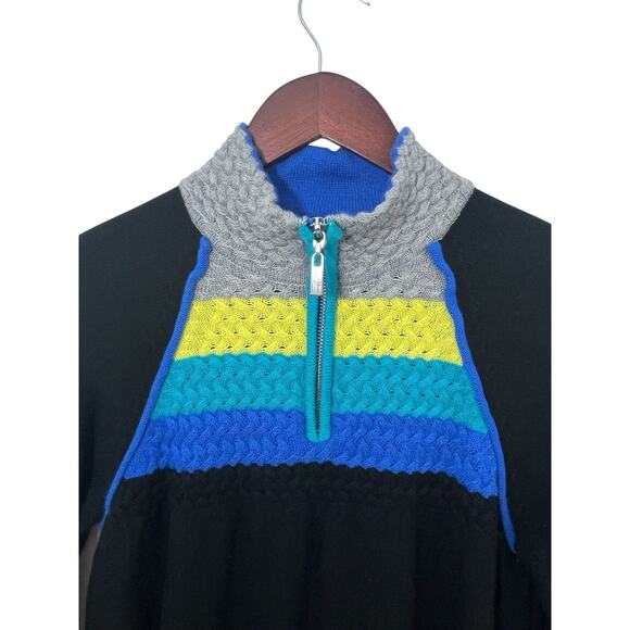 Neve Wool Sweater 1/4 Zip Black Multicolor Large Ski Stripes Preppy Mock Neck - Picture 3 of 9